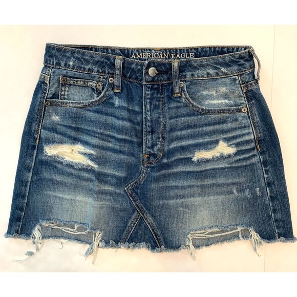American Eagle Mini Skirt Womens 6 Festival Distressed Button Fly Denim - Picture 1 of 8